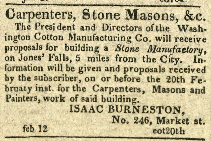 Advertisement: Washington Cotton Manufacturing Co. will receive proposals for building a Stone Manufactory