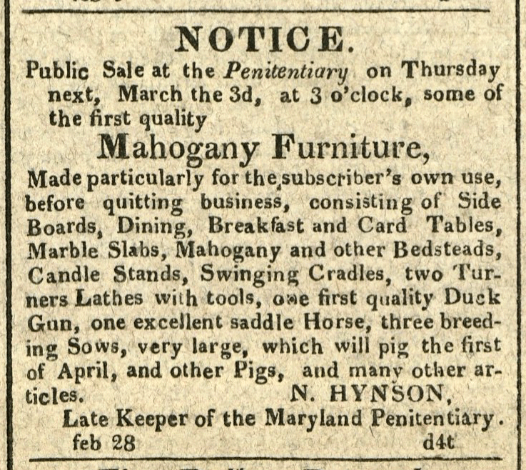 Advertisement: Notice. Public Sale at the Penitentiary