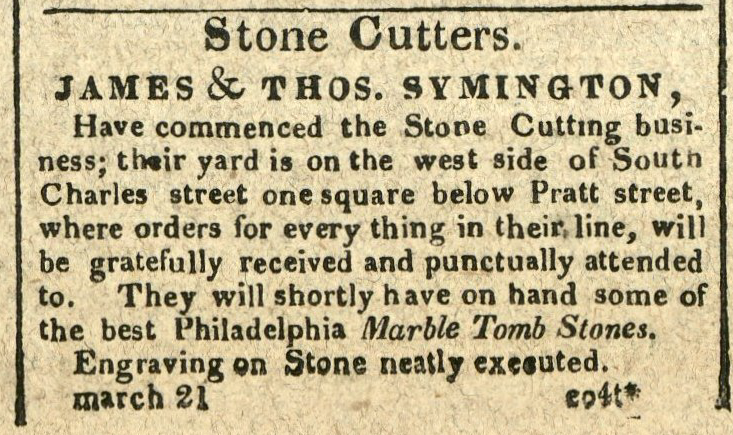 Advertisement: Stone Cutters. James & Thos. Symington